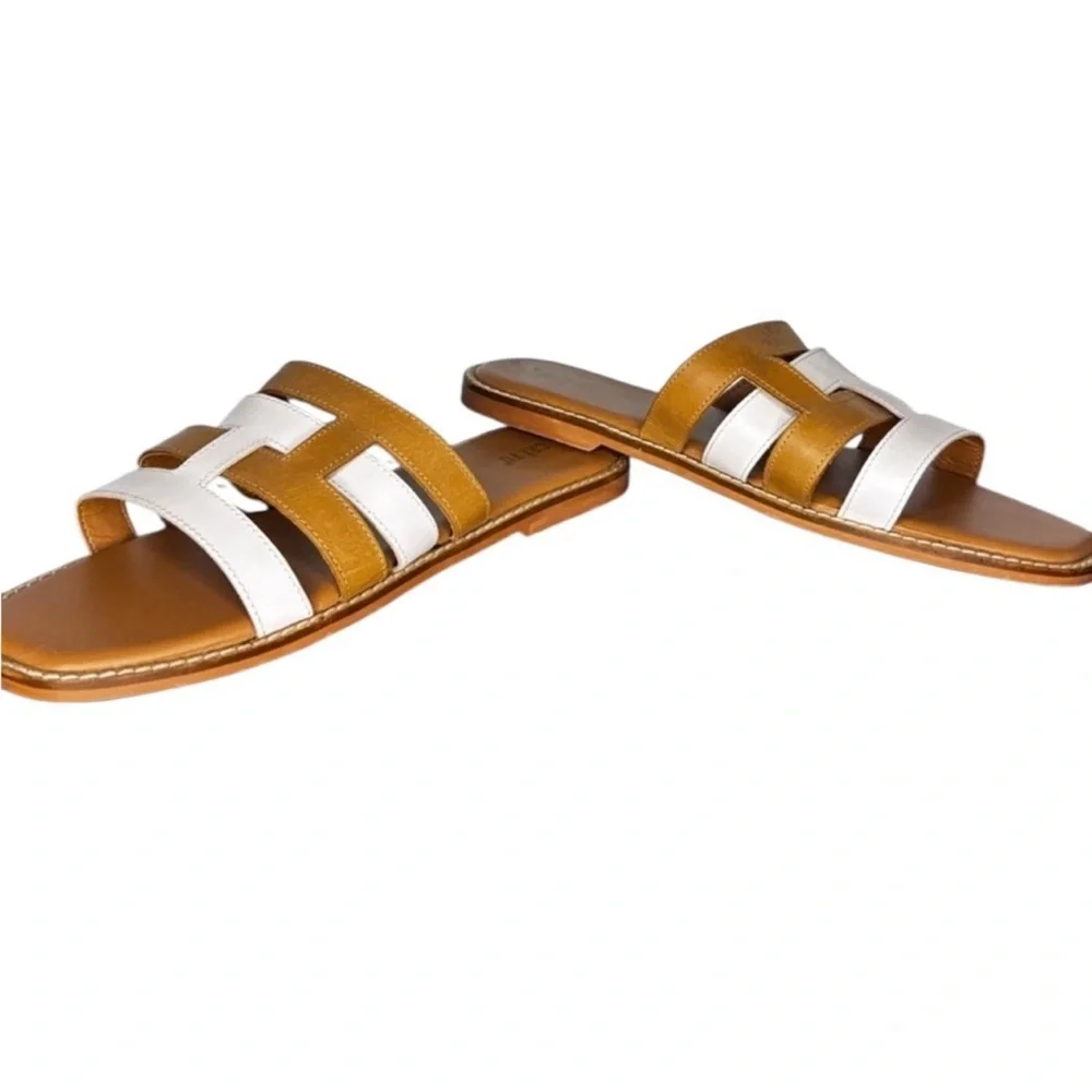 Crevo Catalina Leather H Slide Sandals Tan White Slip On Flat Sz 9.5